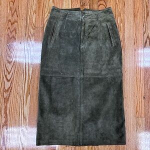 Vintage Liz Wear Olive Green Sueded Leather Pencil Midi Skirt